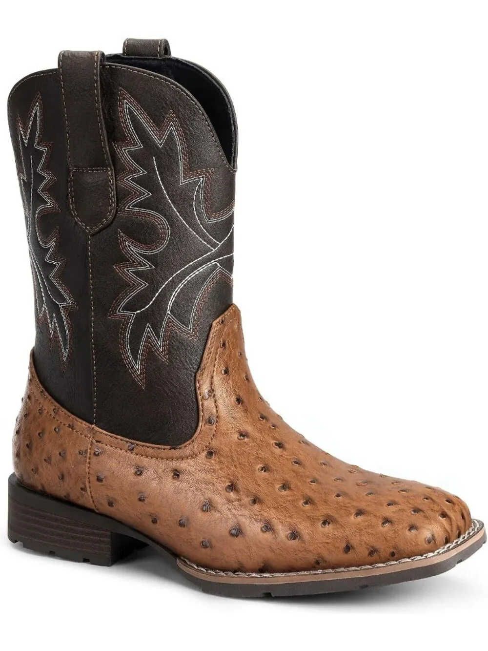Men's Brown Faux Leather Slip on Square Toe with Classic Embroidered Boots